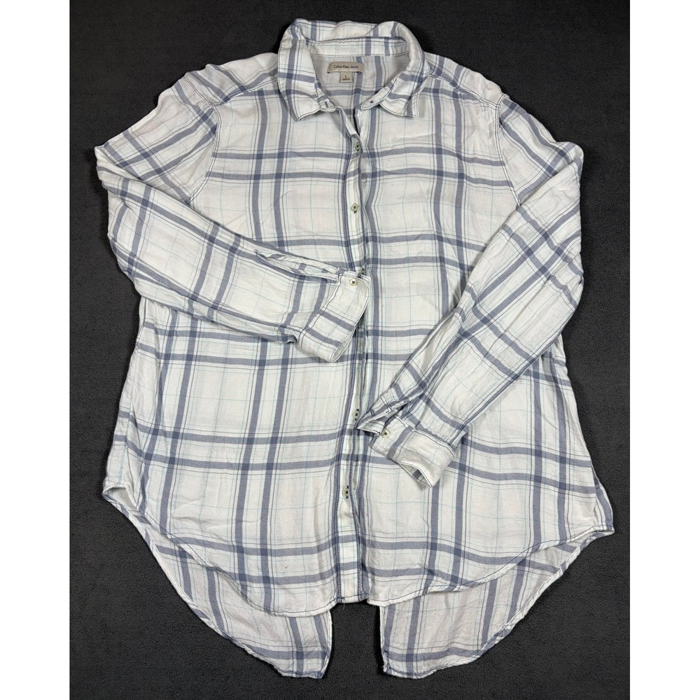 Calvin Klein Jeans Button Up Shirt Womens Large White Plaid Long Sleeve Rayon